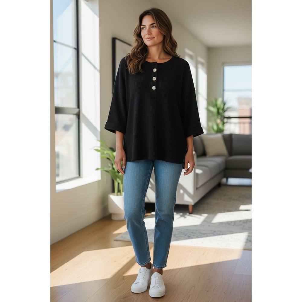 Andrée By Unit Women's Large Black‎ Waffle Knit Button Up Top 3/4 Sleeve Blouse